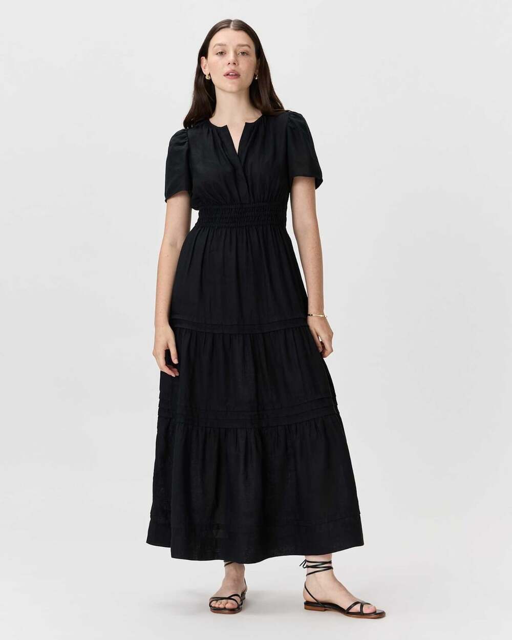 QUINCE Black 100% European Linen Tiered A-Line Maxi Dress, Size L